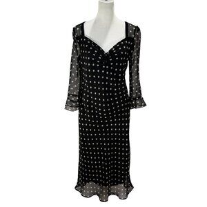 Vintage Black & White Polka Dot Midi Dress | Sheer Long Sleeve Retro Cocktail